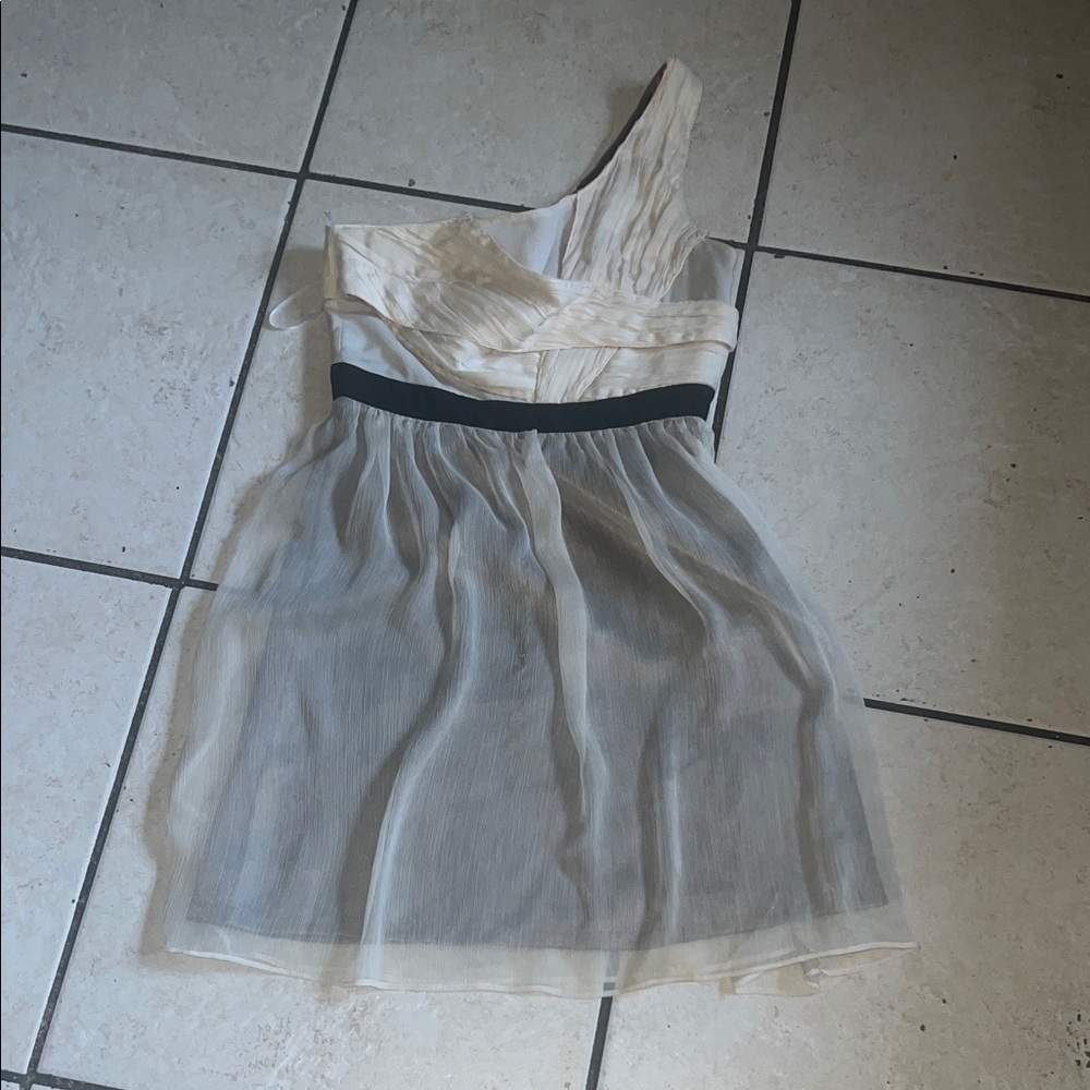 Minuet Petite One-Shoulder Cream and Black Dress